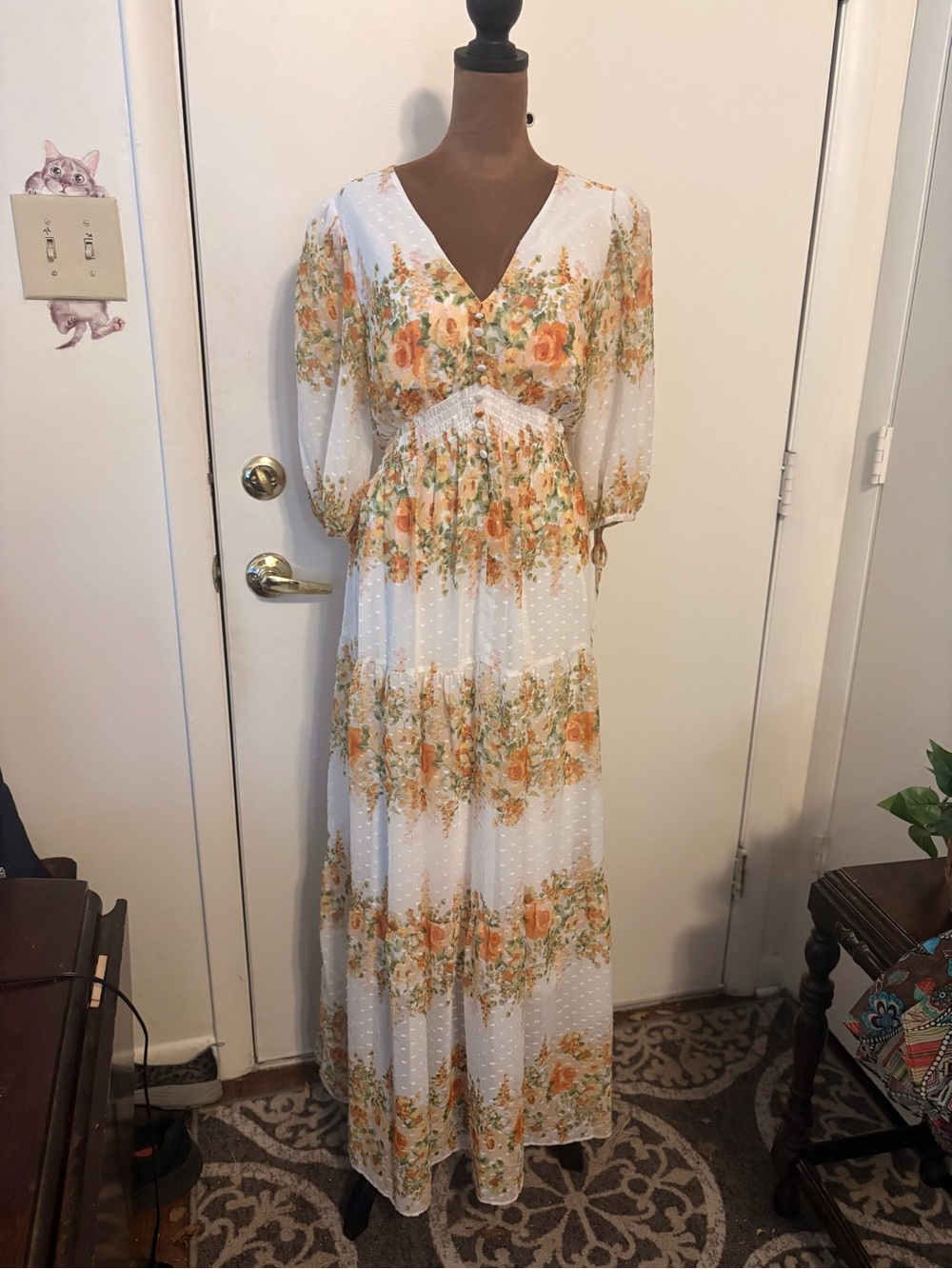 Melonie Women Sz 12 Floral buttoned smocked tie balloon sleeve V-Neck Maxi Dress - Picture 4 of 12